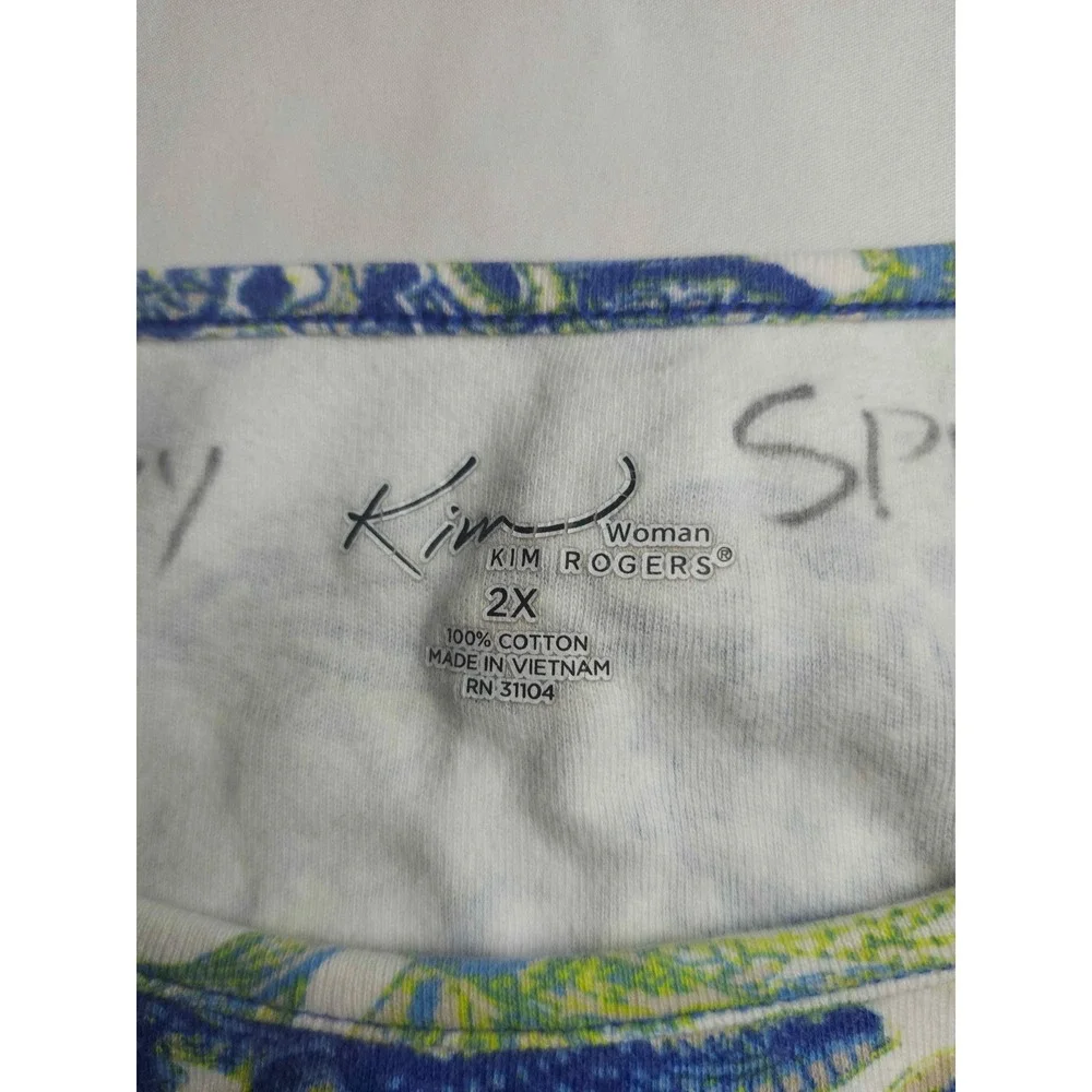 Kim Rogers Woman Blue Green Floral Cotton Short Sleeve Tee Top 2X